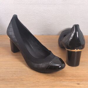 Tory Burch Carrie Quilted Womens 9 Mid-Heel Pumps Black Logo Accent Leather FLAW